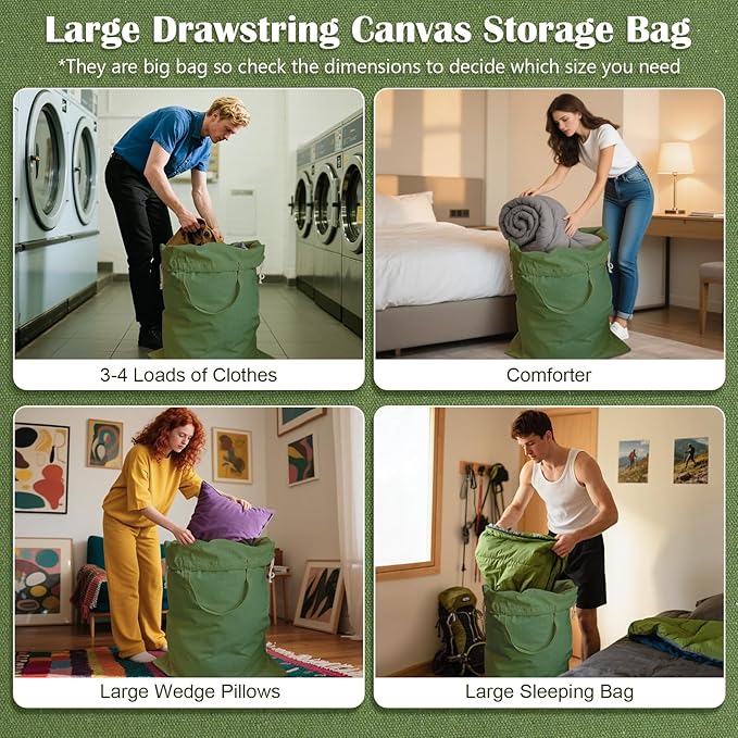 Canvas Laundry Bag 33"Wx 35"H, Thick Cotton Laundry Bag with Handles & Drawstring, Extra Large Heavy Duty Washable Basket Liner Hamper Liner Canvas Storage Sack (XL ArmyGreen)