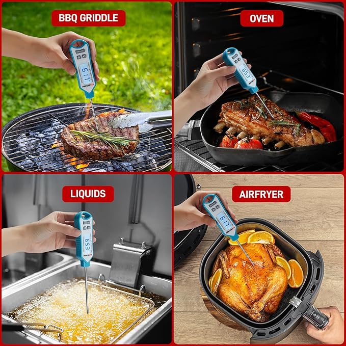 MERCUREYE Meat Thermometer Digital, Instant Read Food Thermometer – Waterproof Nonslip Grip Kitchen Timer & Temp Chart Thermometer for Cooking Candy, Oil Fry Indoor & Outdoor Grilling Smoker Roast
