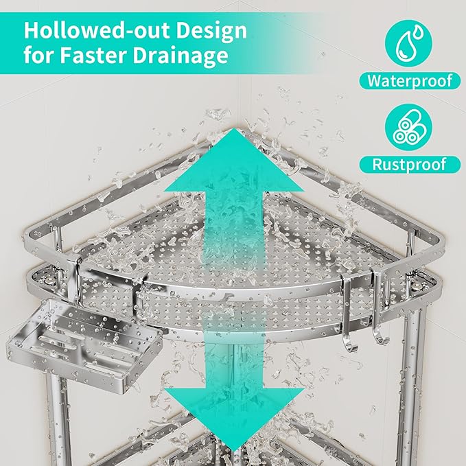 HapiRm Standing Corner Shower Caddy - 3 Tier Shower Organizer Corner with Soap Holder and 4 Hooks, Rustproof Bathroom Storage Shelves with Adhesives, Silver