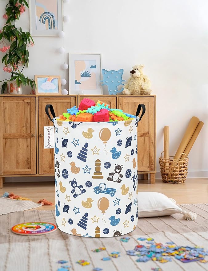 QUEENLALA Large Storage Basket,Laundry Hamper/Bathroom/Home Decor/Collapsible Round Storage Bin,Boys and Girls Hamper/Boxes/Clothing(Round-Colorful Bear)