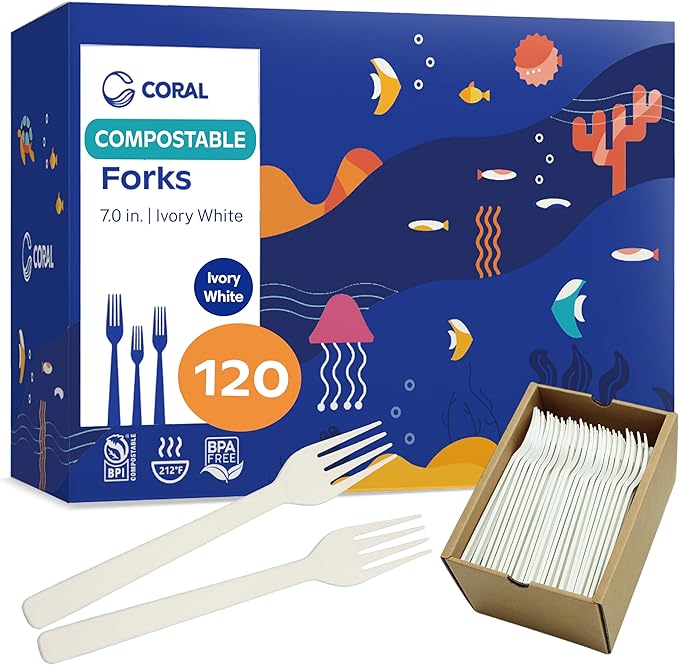 CORAL Light Brown 100% Compostable Spoons - 120 Heavy Duty No Plastic Spoons (6.5 inch) - Break Resistant with Smooth Edges, Ocean Friendly Alternative to Plastic Utensils - Biodegradable & Disposable