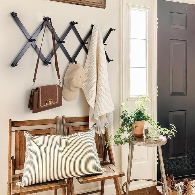 Wall Rack with 14 Hooks, Wooden Wall Expandable Coat Rack for Coat, Hats, Baseball Caps, Coffee Mug, Jewelry(Black)