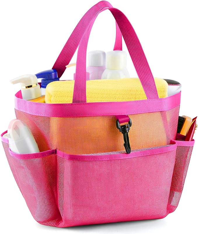 Mesh Shower Caddy Portable for College Dorm Room Essentials with 8 Pockets, Shower Bag for Beach, Swimming, Gym, Travel, Bathroom(All rose pink)