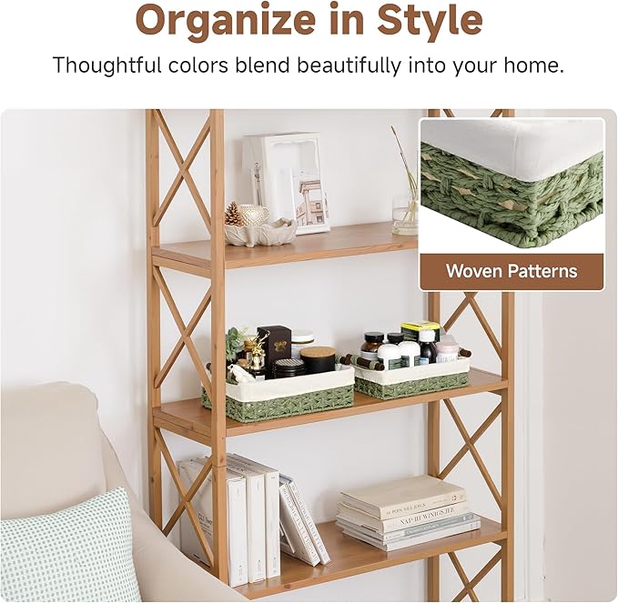 StorageWorks Small Baskets for Organizing with Handles and Liner, Wicker Toilet Paper Basket for Back of Toilet, Green Paper Rope Bathroom Basket Organizer and Storage for Sage Green Decor, 2 Pack