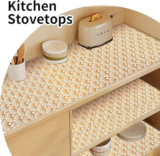 Drawer and Shelf Liner for Kitchen Cabinet: 17 in X 30 Ft Waterproof Shelf Paper Non Adhesive Refrigerator Liners Golden Ginkgo Leaf Easy Liners for Bathroom with Knife Tape Measure