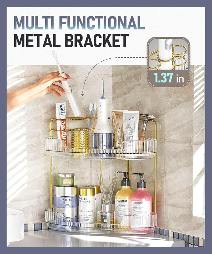 2-Tier Corner Bathroom Organizer Counter - Acrylic Makeup Skincare Organizer with Brush Holder, Perfume Tray for Countertop, Vanity, Dresser, Kitchen（Clear）