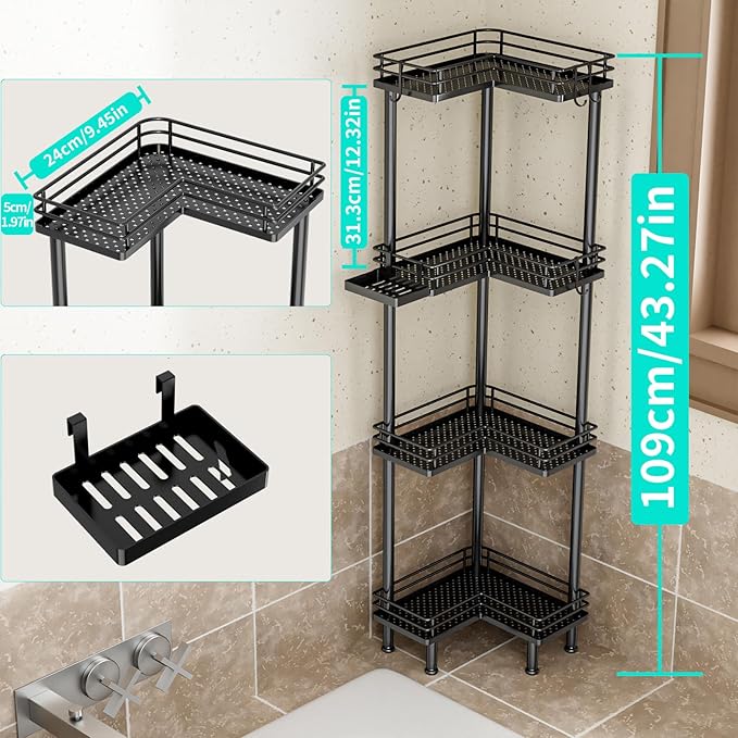 HapiRm Corner Shower Caddy Organizer - 4 Tier Shower Shelf Corner with Soap Holder, Rustproof Bathroom Standing Organizer with 4 Hooks, Black