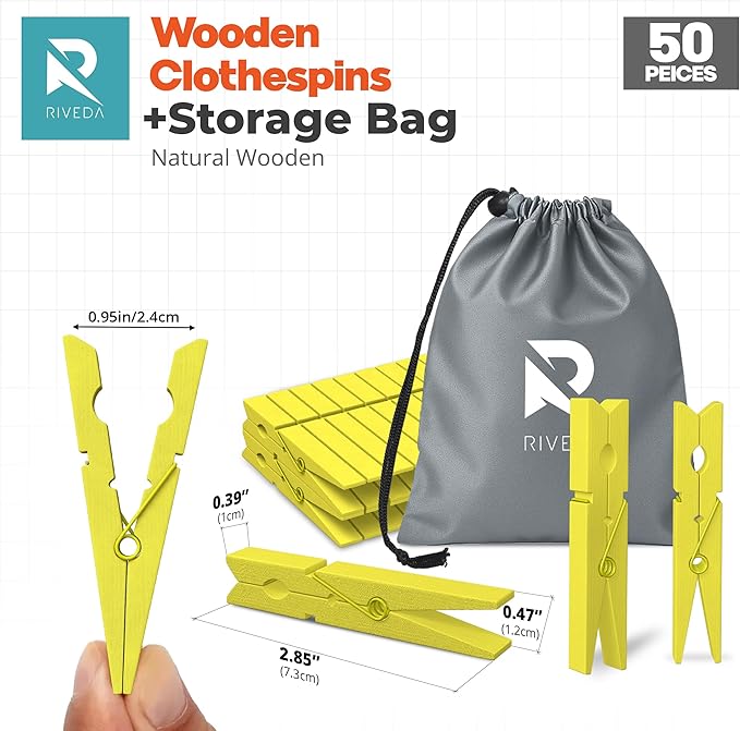 RIVEDA 50pcs Colored Wooden Clothes Pins, 2.9inch, Clothespins for Classroom, Clip Hanging Photos, DIY Clips for Crafts, Decorations (Yellow)