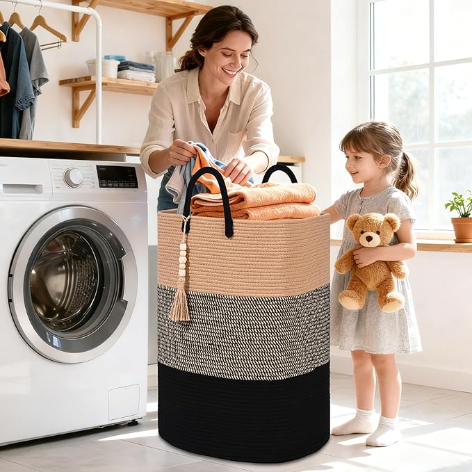 Woven Laundry Basket for Clothes, 50 L Large Rectangle Laundry Hampers with Beads Tassel, Nursery Storage Basket for Toys, Tall Dirty Clothes Hamper for Bedroom Aesthetic, Laundry Room Organization
