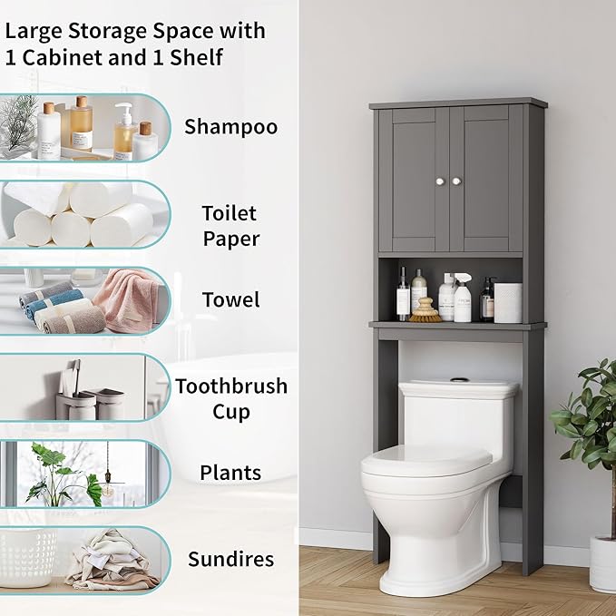 Shintenchi Over The Toilet Storage Cabinet, Bathroom Shelf Organizer with Anti-Tip Device Small Freestanding Space Saver with Adjustable Shelf, Gray