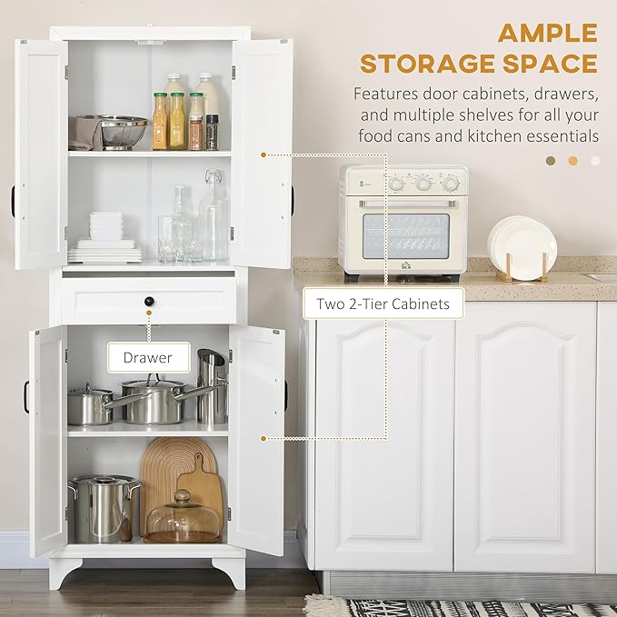 HOMCOM 67" Tall Freestanding Kitchen Pantry Cabinet 4-Door Drawer White