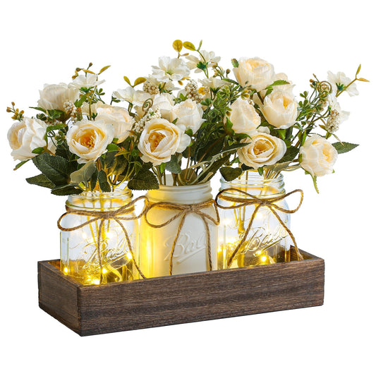 3-Piece Mason Jar Tabletop Decor, Farmhouse Coffee Table Decor with Wood Tray and LED Lights for Dining Room Kitchen Living Room Bathroom