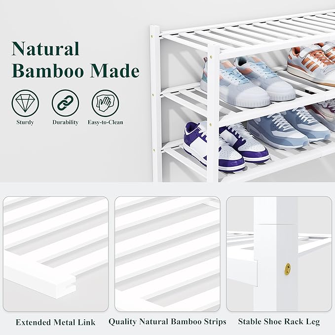 Smiry Shoe Rack, 3 Tier Thick Bamboo Shoe Organizer, Stackable Free Standing Wooden Shoe Storage Shelf for Closet, Entryway, Front Door Entrance, White