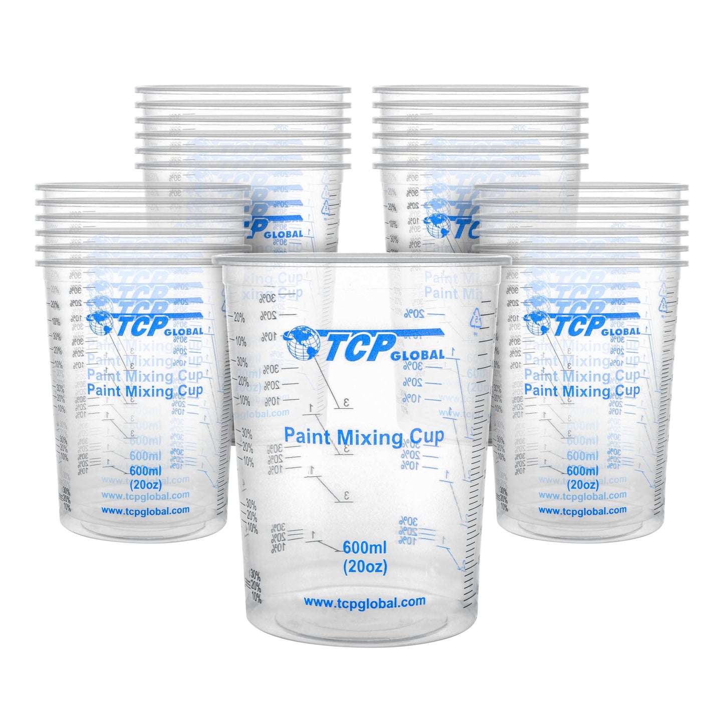 TCP Global 20 oz. (600ml) Graduated Plastic Mixing Cups - Box of 50
