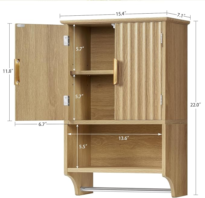 TEENFON Fluted Bathroom Wall Cabinet with Adjustable Shelves and Towel Rack, Wall Mounted Over The Toilet Storage Organizer for Bathroom, Living Room, Natural