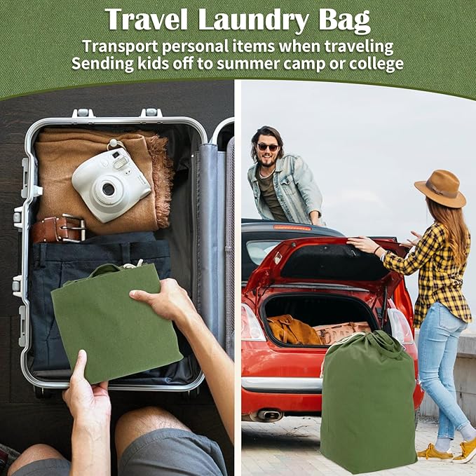 Canvas Laundry Bags with Handles & Square Base 13.8"Lx13.8"Wx27.6"H, Large Heavy Duty Laundry Basket Hamper Liner, College Dorm Washable Drawstring Canvas Dirty Clothes Bag (Army Green)
