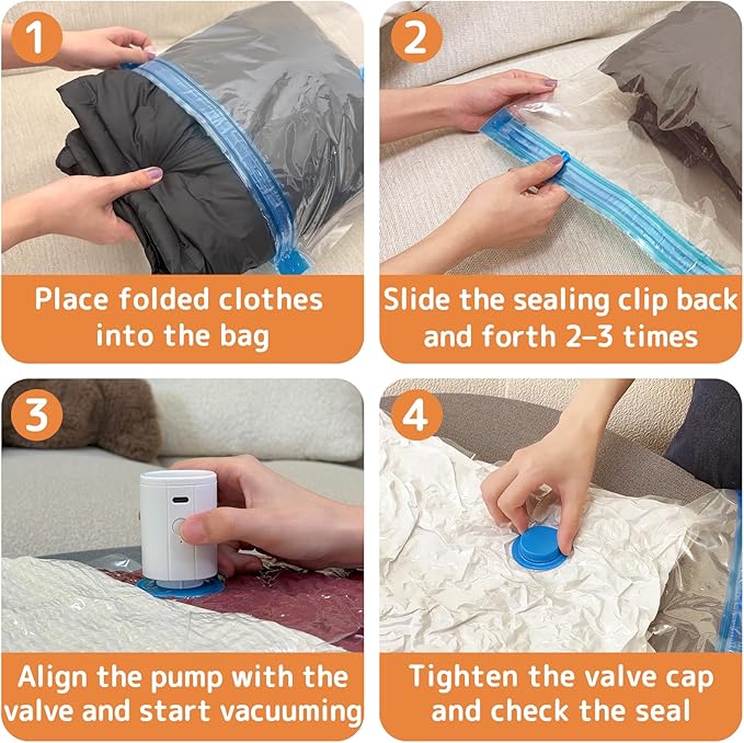 Travel Vacuum Bags with Rechargeable Mini Pump, 12 Pack Carry-On Compression Bags for Luggage & Suitcase, Space Saver Storage for Clothing and Travel Organization