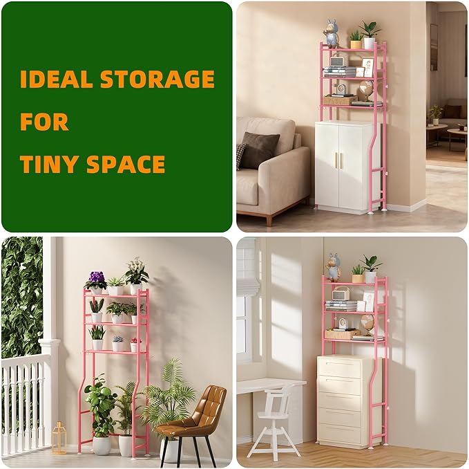 3-Tier Over The Toilet Storage, Space Saver Metal Bathroom Shelves, Freestanding Above Over Toilet Storage Shelf with 4 Hooks for Bathroom, Pink