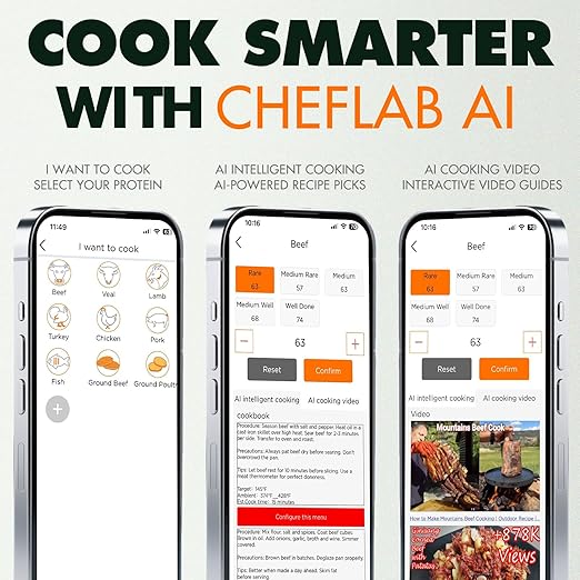 ChefLab AI Digital Meat Thermometer, 500 ft Long Range Bluetooth Grill Thermometer for Smoker, Oven, BBQ, Digital Food Thermometer for Kitchen Cooking (Single Probe)