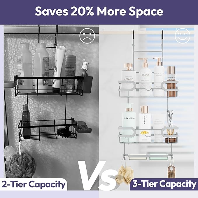 SWTYMIKI Over the Door Shower Caddy Hanging with Double Soap Holder, Hanging Shower Organizer with 16 Hooks, No Drilling Shower Shelves Over Door, Bathroom Rack and Storage, Silver