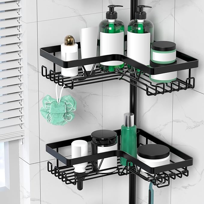 Tension Pole Shower Caddy Corner with 2 Soap Holders, 4 Tier Bathroom Shower Organizer Floor to Ceiling 25-114 inch, Adjustable, Multiple Hooks, Stable Base, Rustproof, Black