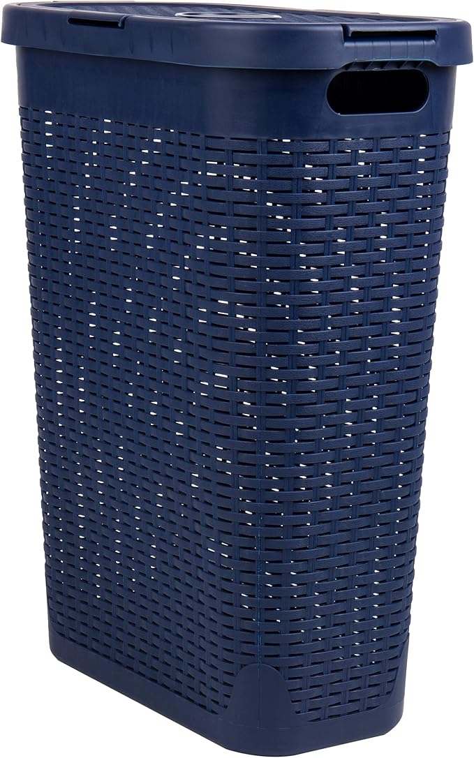 Mind Reader Slim Laundry Hamper with Lid, 40L Clothes Basket, Premium Wicker Design, Plastic, Navy