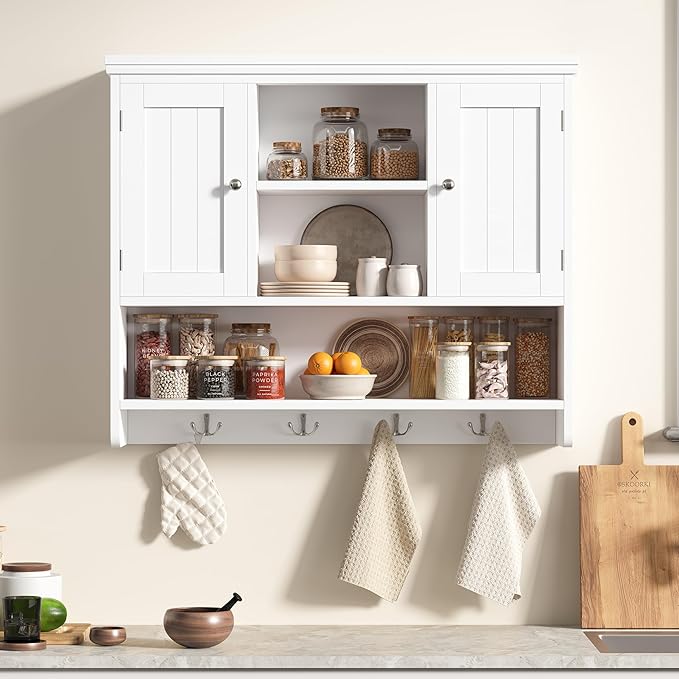 31.5" W Large Bathroom Wall Storage Cabinet with 2 Doors and 4 Hooks, Modern Medicine Cabinet with 3 Open Shelves, Wooden Wall Mounted Bathroom Cabinet for Kitchen, Living Room, White