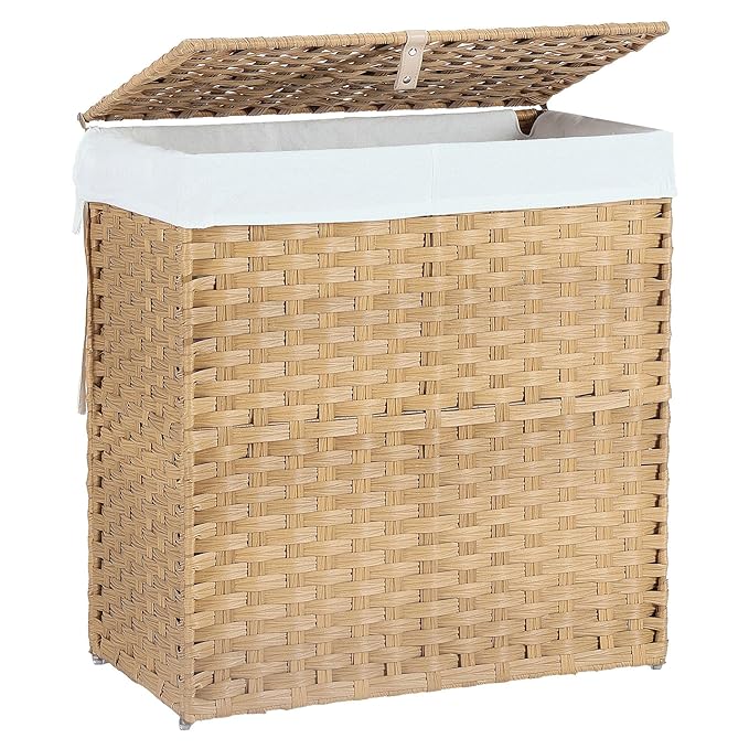 DUMOS Wicker Laundry Basket with Lid, 29.6 Gallon (112L) Woven Laundry Hamper with Handles, Foldable Rattan Clothes Hamper with Removable Liner & Sturdy Steel Frame, Goose Yellow