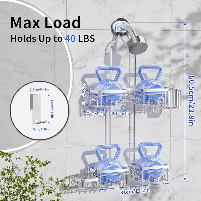 Shower Caddy Hanging with Door Hook - Split Design for Handheld Showerheads, Rustproof Over The Showerheads Bathroom Organizer with Hooks Soap and Toothbrush Holder, Bathroom Accessories Silver