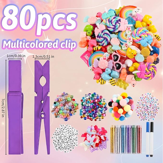 80 Set Cheer Pins Spirit Clips Clothes Wooden Pins for Backpacks Include 90 Mini Resin Animals 30 Mini Bows 500 Beads Cheer Clothespins Decorations Ribbon Team Classroom Cheer Gifts Bulk（Colorful）