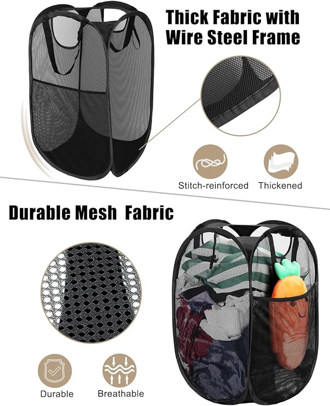 2 Pcs Strong Mesh Pop-up Laundry Hamper, Quality Pop Up Hampers for Laundry with Durable Handles Solid Bottom High Carbon Steel Frame, Easy to Open and Fold Flat for Storage(Black)