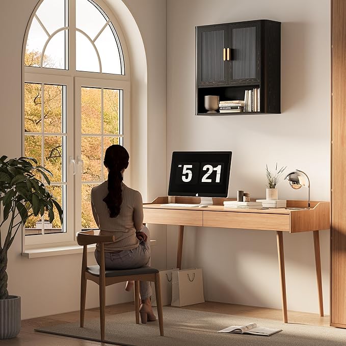 Bathroom Wall Cabinet, Wall-Mounted Medicine Cabinet with Adjustable Wood Shelf & Doors, Floating Bathroom Cabinet Over Toilet for Laundry Room & Kitchen & Living Room (Black)