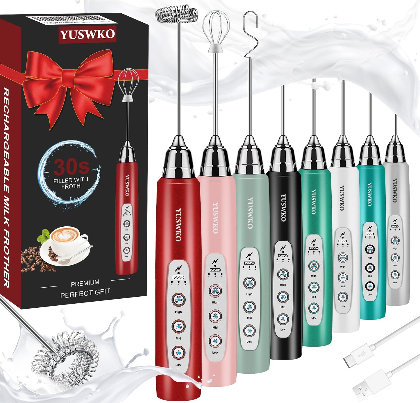 YUSWKO Handheld Milk Frother Wand for Coffee, Rechargeable Electric Whisk with 3 Heads 3 Speeds Drink Mixer Coffee Frother For Latte, Cappuccino, Hot Chocolate, Egg, Beige