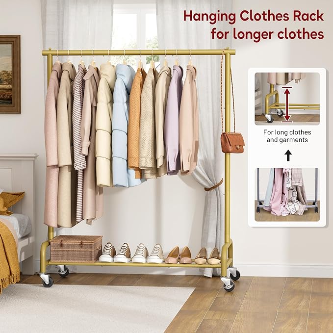 SLEEPING LAMB Heavy Duty Clothes Racks for Hanging Clothing Rack, 43" Wide Rolling Garment Rack Metal Wardrobe Rack with Wheels Closet Hanger Rack for Coats, Shirts, Dress (Gold)