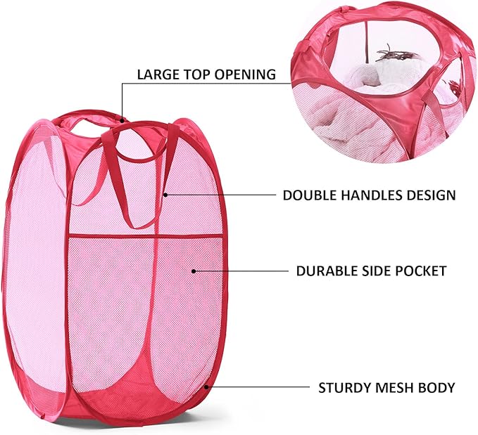TECHMILLY Collapsible Mesh Pop Up Laundry Hamper with Sturdy Handles and Side Pocket - Portable Foldable Clothes Baskets for Dorm, Bathroom & Travel Storage (Pink)
