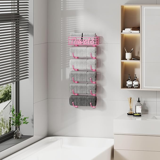 SWTYMIKI Hanging Towel Racks for Bathroom - 9 Tier Over The Door & Wall Mounted Bath Rolled Towel Storage Organizer Holder for Small Bathroom, RV, Camper (Pink, 6-Tier)
