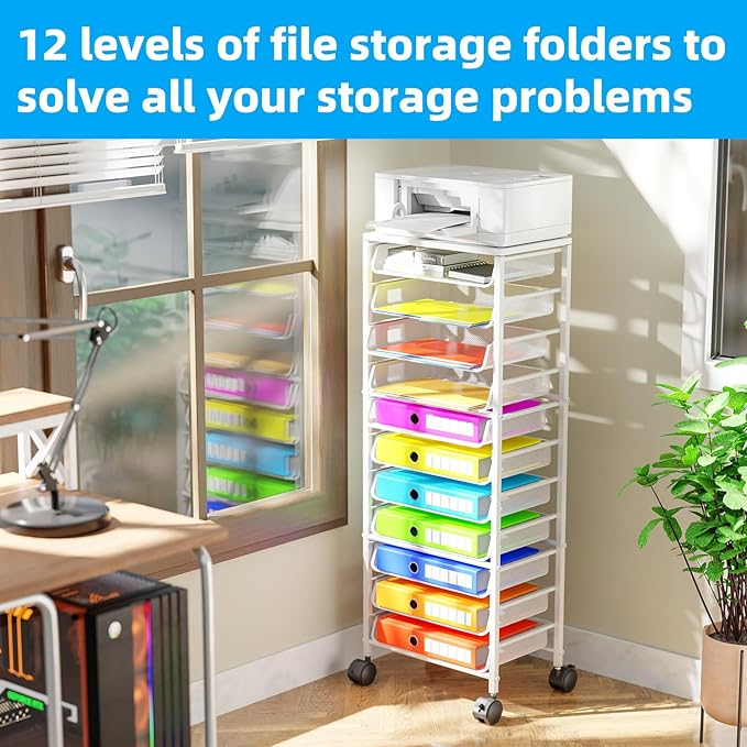 Simple Trending 12 Tier Rolling File Cart,Wood Desk File Organizer with Sliding Trays and Wetal Mesh Paper Letter Storage Multi-Functional Rolling Clutter Cart for Office, Home, School,White