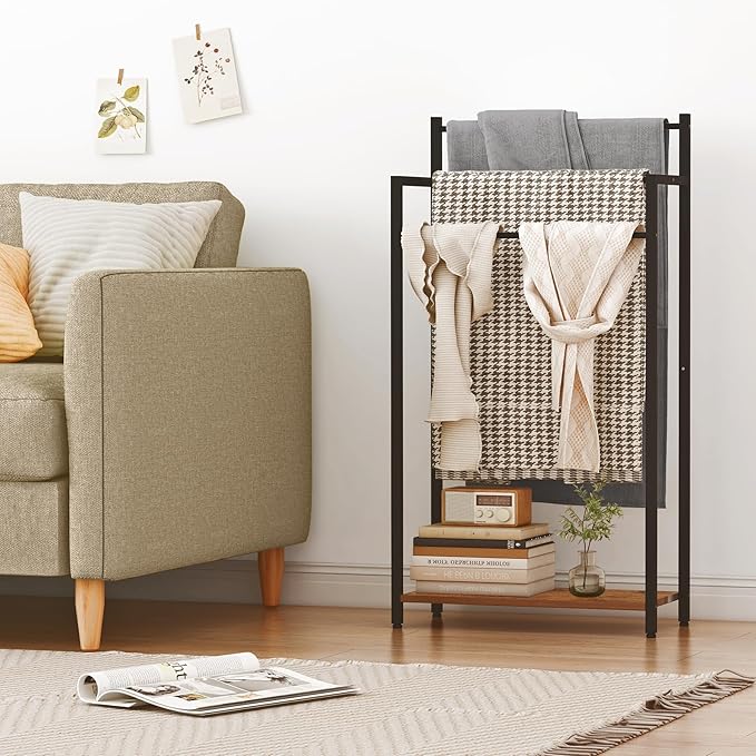 Freestanding Towel Rack, 3 Tier Blanket Ladder Stand with Rustic Brown Wooden Shelf for Bathroom Living Room (31.5”H x 16.9”W x7.9”D)
