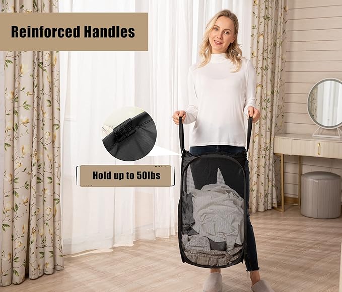 2 Pcs Strong Mesh Pop-up Laundry Hamper, Quality Pop Up Hampers for Laundry with Durable Handles Solid Bottom High Carbon Steel Frame, Easy to Open and Fold Flat for Storage(Black)