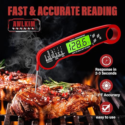 AWLKIM Meat Thermometer Digital, Instant Read Food Thermometer, Red