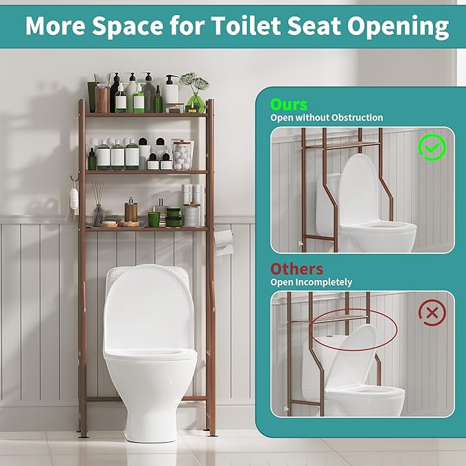 3-Tier Over The Toilet Storage with Paper Holder, Metal Bathroom Organizers and Storage for Small Space, Freestanding Bathroom Shelves with 4 Hooks, Above The Toilet Storage Shelf (Bronze)