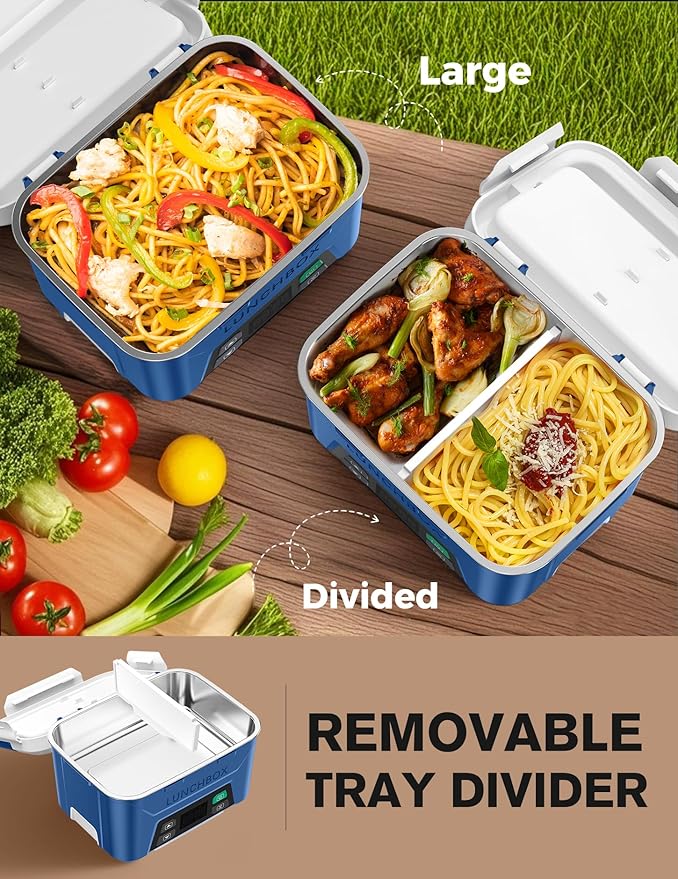 EAST OAK Cordless Electric Lunch Box for Adults, Heated Lunch Box Battery Powered with Automatic Heating, 5.5 Cups Portable Food Warmer with Removable Tray Divider