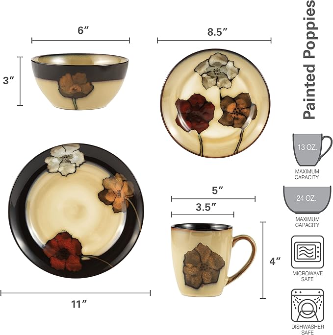 Pfaltzgraff Painted Poppies 16-Piece Stoneware Dinnerware Set, Service for 4, Dinner Plates, Salad Plates, Bowls and Mugs, Dishwasher and Microwave Safe