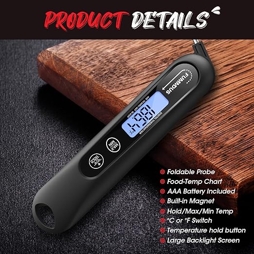 FUMMDUS Meat Thermometer Digital, 3S Instant Read Food Thermometer for Cooking with Backlight & Magnet, Foldable Temperature Probe Kitchen Gadgets Essentials for BBQ Oven Grill Smoker Candy