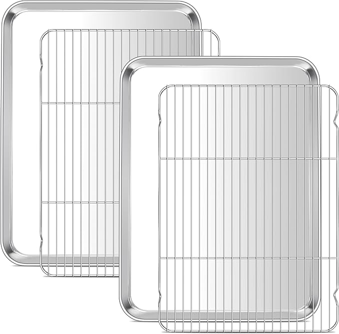 E-far Baking Sheet with Wire Rack (2 Pans + 2 Racks), Large Stainless Steel Cookie Sheets Pan & Cooling Rack for Baking Cookies Cake, Non Toxic & Heavy Duty, Oven & Dishwasher Safe, 18 x 13 x 1 Inch