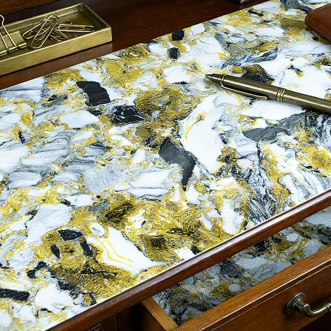 Drawer and Shelf Liner - Yellow Black Marble Pattern,Non Adhesive Non Slip Waterproof Easy-Clean Liner for Kitchen Cabinet, Refrigerator, Bathroom, Pantry Storage Drawers, 17 in x 20 Ft