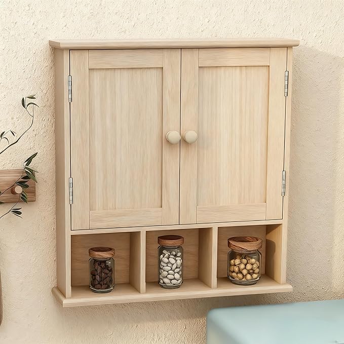 TaoHFE Natural Wooden Color Bathroom Wall Cabinet with 2 Door Adjustable Shelves,Over The Toilet Storage Wall Mounted Medicine Cabinets for Bathroom Laundry Room Kitchen