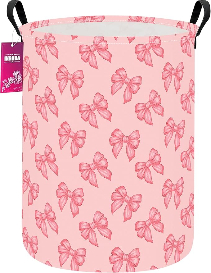 Laundry Hamper Large Canvas Fabric Lightweight Storage Basket/Toy Organizer/Dirty Clothes Collapsible Waterproof for College Dorms, Boys and Girls Bedroom,Bathroom(Pink bowknots)