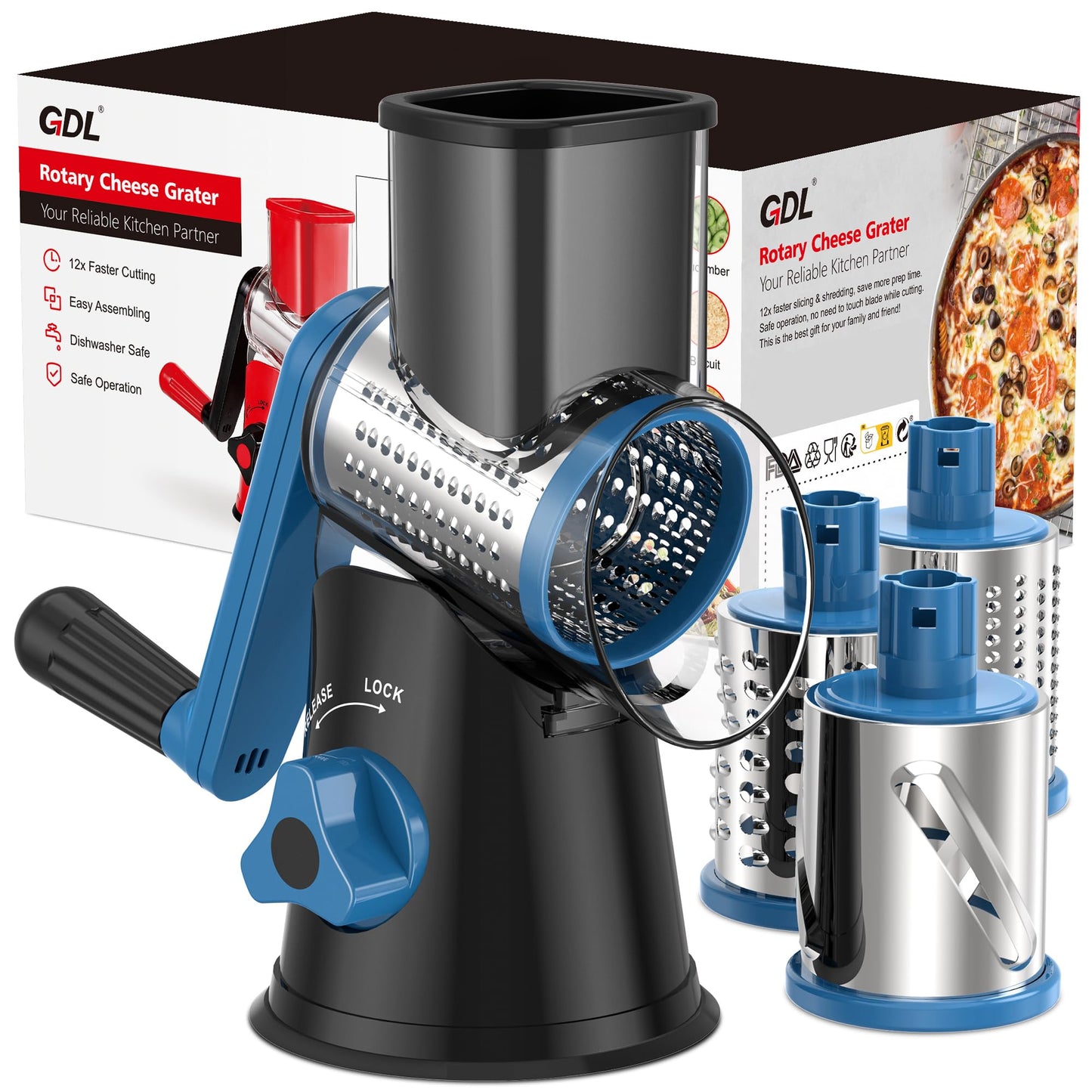 GDL Cheese Grater Hand Crank, Rotary Cheese shredder, Vegetable Slicer
