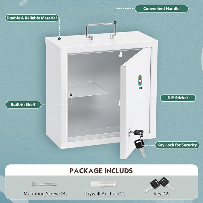 KYODOLED Locking Medicine Cabinet, Medication Lock Box with Key, Wall Mount Medical Cabinet for Safe Medication Storage, 10 * 4.7 * 10 Inch, White